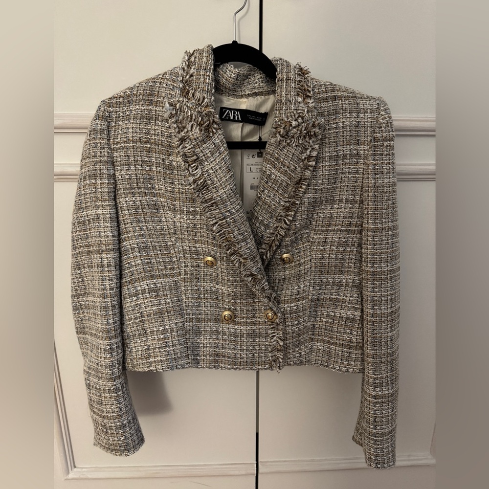 Zara Tweed Textured Double Breasted Blazer Jacket